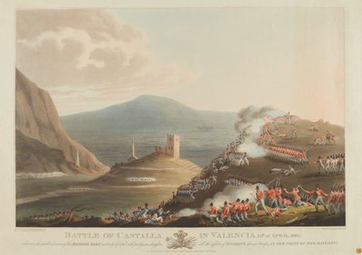 Bitva u Castally ve Valencii, 13. dubna 1813, vyryto Dubourgem, 1814 (barevná akvatinta) od John Heaviside Clark