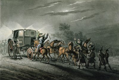 Zajetí Bonapartova kočáru, papíru a pokladu majorem von Kellerem, Waterloo, 18. června 1815, vyryl Matthew Dubourg (fl. 1813-20) od John Heaviside Clark