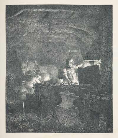 Talíř 13. Kovář.  Obrázky přírody. Série třiceti originálních ilustrací nakreslených na dřevě od J. H. Della a vyrytých R. Patersonem.  John Henry Dell od John Henry Dell