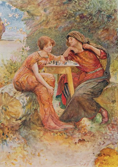 Ferdinand a Miranda ve hře Bouře z dětských příběhů ze Shakespeara od Edith Nesbitové (1858-1924). od Raphael Tuck & Sons Ltd., Londýn (knižní ilustrace) od John Henry Frederick Bacon