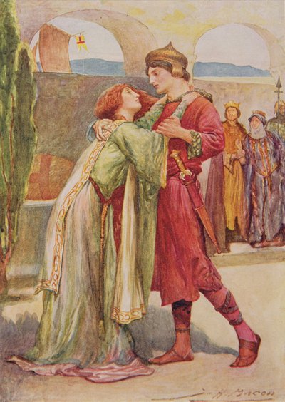 Posthumus a Imogen v Cymbeline z Dětských příběhů ze Shakespeara od Edith Nesbit (1858-1924) pub. od Raphael Tuck & Sons Ltd., Londýn (knižní ilustrace) od John Henry Frederick Bacon