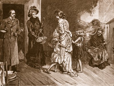 Západ se setkává s Východem: dobře si počínají návštěvníci obydlí ve slumu, ilustrace z „Cassell