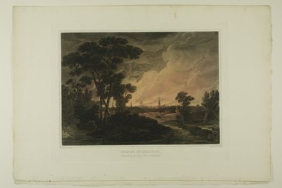 Burning of Savannah, deska čtyři z druhého počtu Malebných pohledů na americkou scenérii od John Hill