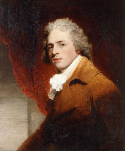 Portrét gentlemana, poloviční délka, v hnědobílém pažbě, vzadu červený závěs, od John Hoppner