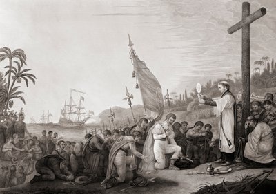 Kolumbus přistane v Novém světě (rytina) od John James (after) Barralet