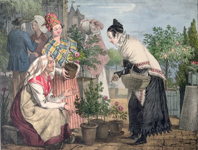 Květinový trh, Paříž, rytý Charles Joseph Hullmandel (1789-1850), publikoval 1821 od John James Chalon