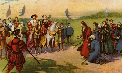Král Jindřich VIII a Catherine Howard přijíždějící do Yorku po pouti milosti 1541 (chromolitho) od John Jellicoe