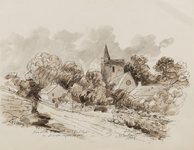 Kewstoke Church and Village, Weston Super Mare, Somerset, 1882 (pero, štětec a inkoust na papíře) od John Joseph Barker