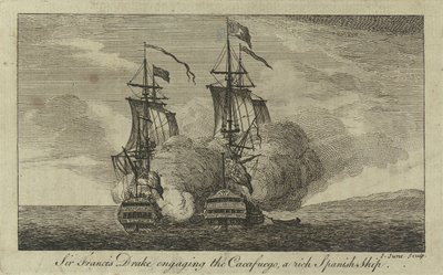 Sir Francis Drake se střetává s bohatou španělskou lodí "Cacafuego". od John June