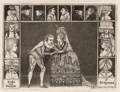 Mary Ann Yates a Laurence Clinch hrají vévodu a vévodkyni z Braganzy v Braganze obklopeni členy publika. 1785 od John Kay