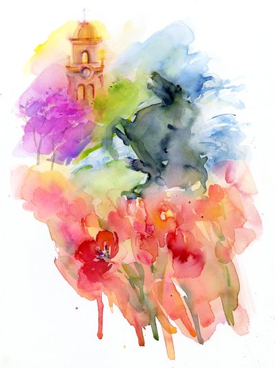 Plaza s červenými tulipány, 2016, (akvarel) od John Keeling