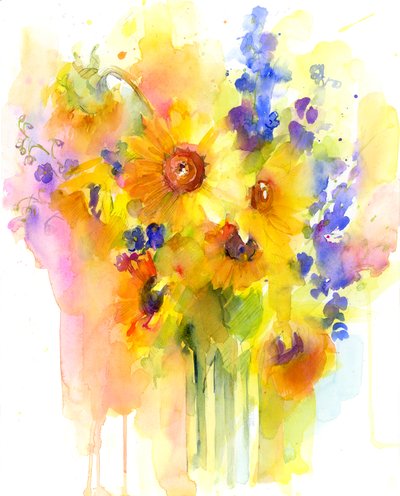 Slunečnice a delphinium, 2016, (akvarel) od John Keeling