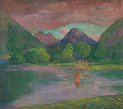 Vchod do řeky Tautira, Tahiti. Rybář oštěpující rybu od John La Farge
