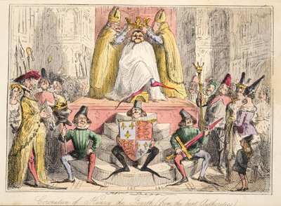 Korunovace Jindřicha IV. (od nejlepších autorit), z The Comic History of England, pub. 1864 (ručně kolorovaný lept) od John Leech