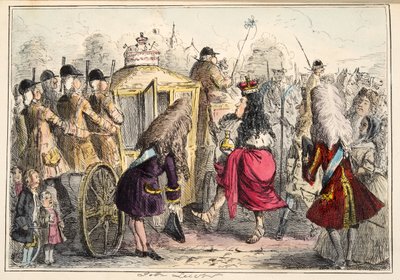 Georgey Porgey the Firstvyjíždí na projížďku ve svém státním kočáře Pachy, z knihy The Comic History of England, pub. 1864 (ručně kolorovaný lept) od John Leech
