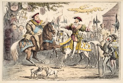 Setkání Jindřicha VIII. s Františkem I., z The Comic History of England, pub. 1864 (ručně kolorovaný lept) od John Leech