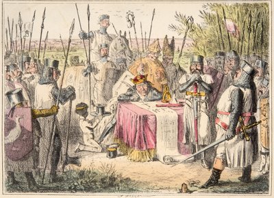 King John Signing Magna Carta, from The Comic History of England, pub. 1864 (ručně kolorovaný lept) od John Leech