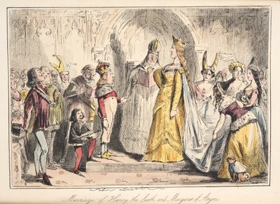 Sňatek Jindřicha VI., s Markétou z Anjou, z The Comic History of England, pub. 1864 (ručně kolorovaný lept) od John Leech