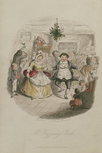 Mr Fezzywigs Ball, ilustrace z Vánoční koledy od Charlese Dickense (1812-1870), pub.1843 (ručně kolorovaná rytina) od John Leech