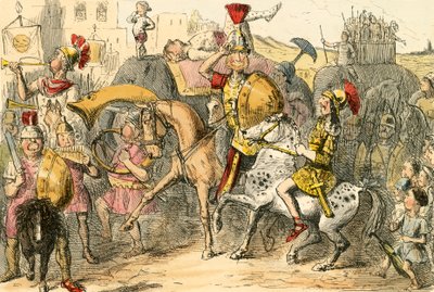 Pyrrhus přijíždí se svou družinou do Itálie od John Leech