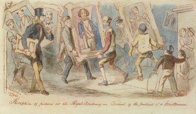 Přijetí obrázků v Královské akademii - Příjezd Portrét gentlemana, 1846 (pero, inkoust a wc) od John Leech