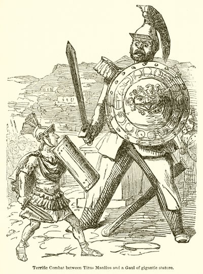 Úžasný boj mezi Titem Manliem a Galií gigantické postavy od John Leech