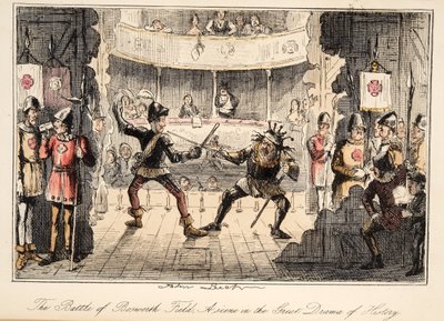 Bitva o Bosworth Field: Scéna z Velkého dramatu dějin, z Komiksové historie Anglie, hospoda. 1864 (ručně kolorovaný lept) od John Leech