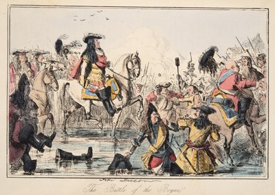Bitva u Boyne, z knihy The Comic History of England, vyd. 1864 (ručně kolorovaný lept) od John Leech