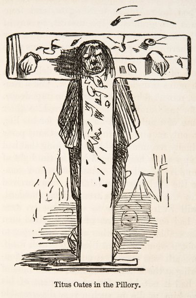 Titus Oates v pilíři, z The Comic History of England, pub. 1864 od John Leech