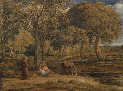 Krajina s rodinnou skupinou, možná Zbytek na útěku do Egypta, kolem roku 1827 (olej na panelu) od John Linnell