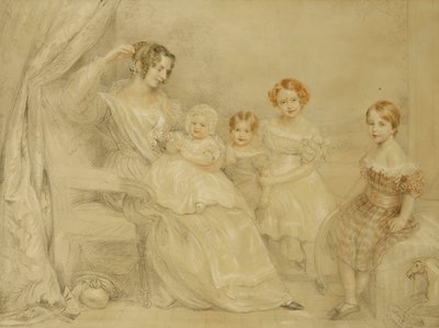 Portrét paní W.S. Fry a její čtyři děti: Emma, Willy, Julie a Georgina, sedící v interiéru, 1840 od John Linnell