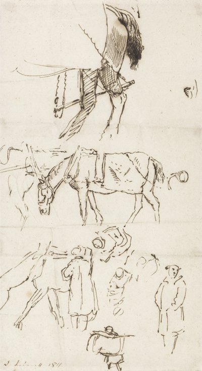 Studie koní, mužů a kočárů, 1811 (pero a hnědý inkoust na papíře) od John Linnell