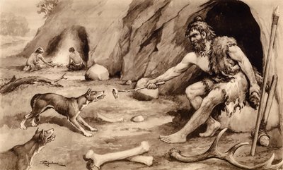 Jeskynní muž krmící psa (litografie) od John Macfarlane