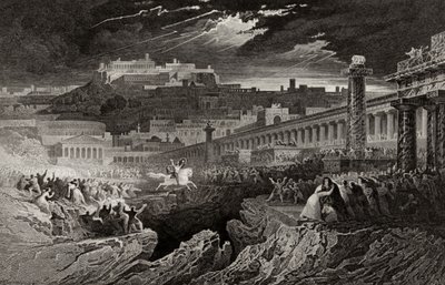 Marcus Curtius jedoucí do propasti, vyrytý H. Le Keuxem od John Martin