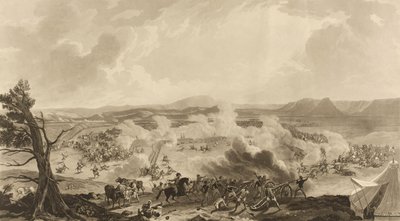 „Bitva u Kirkee se odehrála 5. listopadu 1816, při které památné příležitosti porazilo 4785 [sic] britských vojáků armádu Mahratta“ (akvatinta, barevné) od John Massey (after) Wright