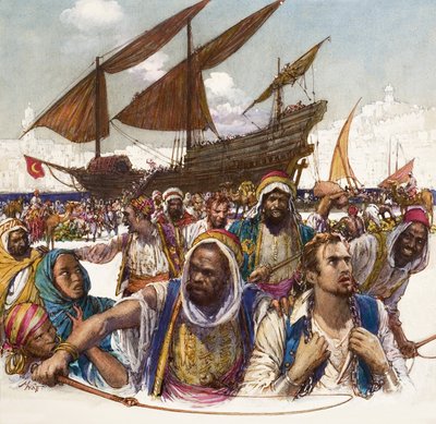 Arabští zajatci vyvedení v řetězech z přístavu, v pozadí loděnice od John Millar Watt