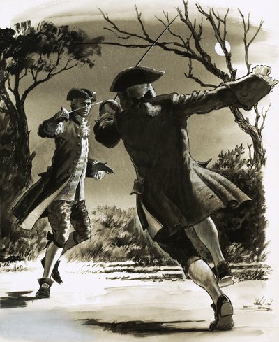 Souboj neznámých mužů s meči za svitu měsíce od John Millar Watt