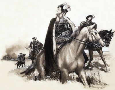 Neznámá královna opouští kouřící město v doprovodu eskorty od John Millar Watt