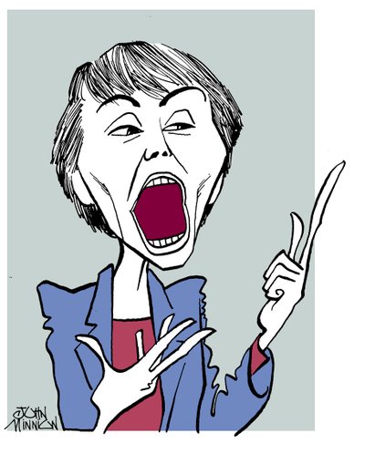 Camille Paglia - karikatura s otevřenými ústy od John Minnion