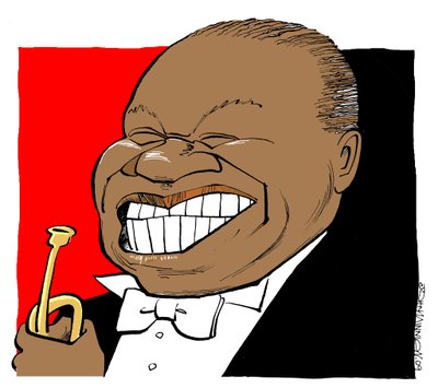 Louis Armstrong - karikatura, hraje na trubku od John Minnion