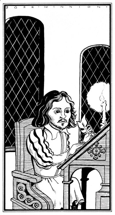 Thomas Tallis - karikatura sedící u psacího stolu - anglický hudební skladatel - 30. ledna 1505 - 23. listopadu 1585 od John Minnion