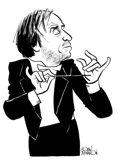 Karikatura Valerije Gergijeva, ruského dirigenta a ředitele operního souboru: b od John Minnion