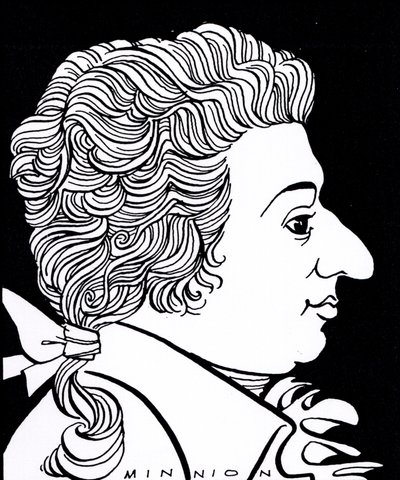 Wolfgang Amadeus Mozart - karikatura od John Minnion