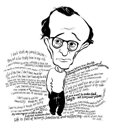 Karikatura Woodyho Allena, amerického filmového režiséra, spisovatele, herce, komika a dramatika: b od John Minnion