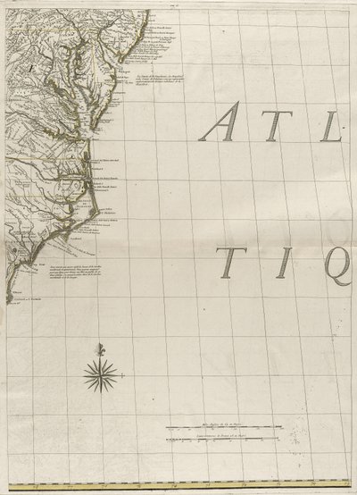 Mapa britského a francouzského panství v Americe, 1756 (rytina s obrysovou barvou na papíře) od John Mitchell