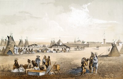 Fort Union a distribuce zboží do Assiniboine, pub. 1860 od John Mix Stanley