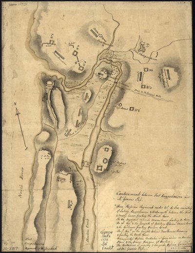 (Rozmístění britských jednotek s opevněním severně od pevnosti Knipehausen, tj. od pevnosti Fort Washington po Fort Independence. LOC gm71002317 od John Montresor