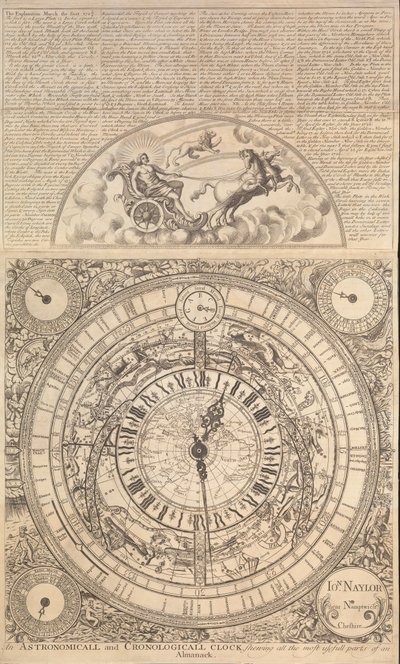 Astronomické a kronologické hodiny zobrazující všechny nejužitečnější části almanachu (rytina) od John Naylor