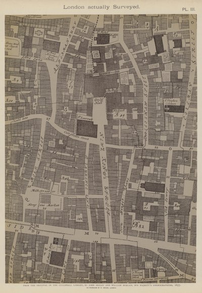 Mapa části londýnské City, znázorňující umístění Guildhall od John Ogilby