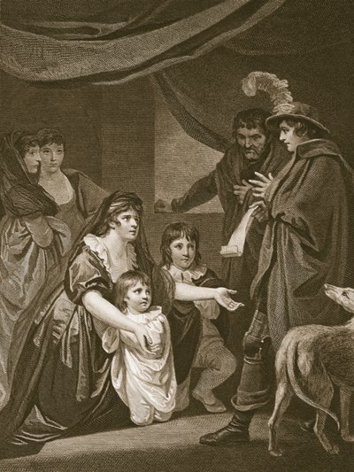 Lady Elizabeth Grayová prosící Edwarda IV., aby ochránil své děti, vyryl W. Bromley, ilustrace z 